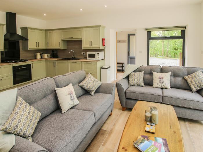 The Larches in Bryn near Clun, in Shropshire. Two-bedroom lodge, enjoying a woodland position. Rural