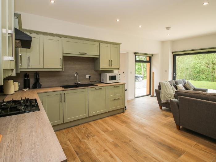 The Larches in Bryn near Clun, in Shropshire. Two-bedroom lodge, enjoying a woodland position. Rural