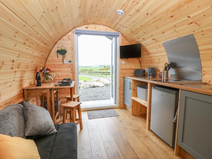 Parys Pod by Amlwch, Anglesey. Studio-style open-plan living, sofa bed, patio, hot tub, rural views.