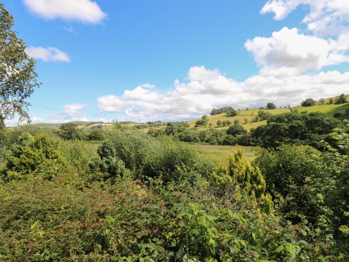 Hillside Lodge near Newtown in Powys, Wales. Dog-friendly, near an AONB, hot tub, woodburning stove.