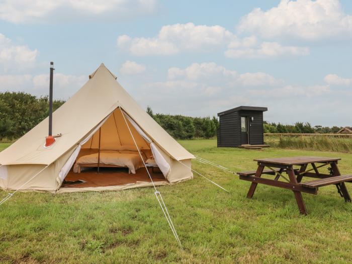 Bell Tent 2, Aldeburgh, Suffolk. Set on working farm, pet and child-friendly, decking with barbecue.