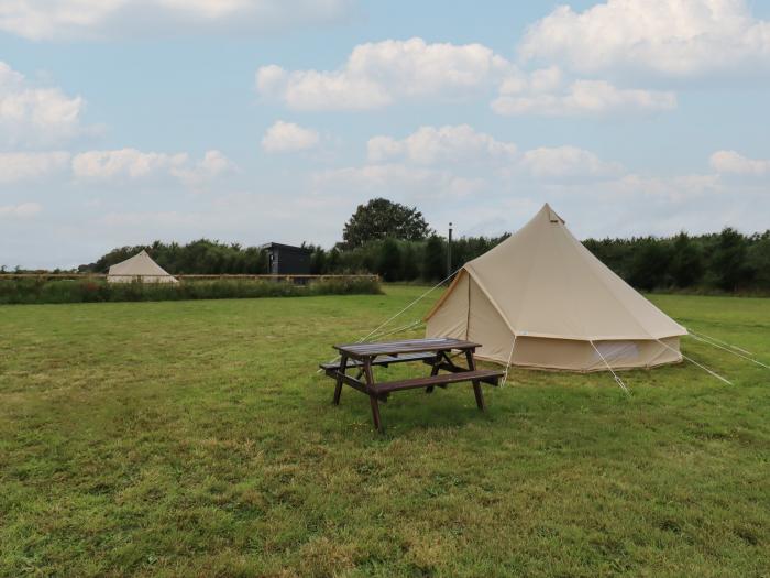 Bell Tent 1, Aldeburgh, Suffolk. Set on working farm, pet and child-friendly, decking with barbecue.