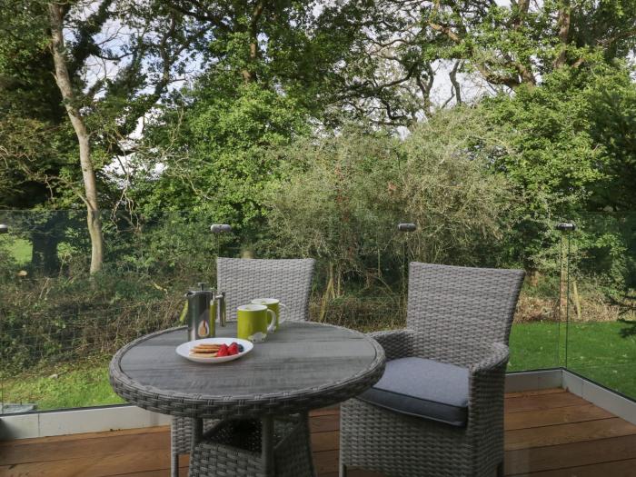 Bay Tree Lodge, Cartmel, Cumbria. Single-storey. Woodburning stove. Decking with furniture. Smart TV