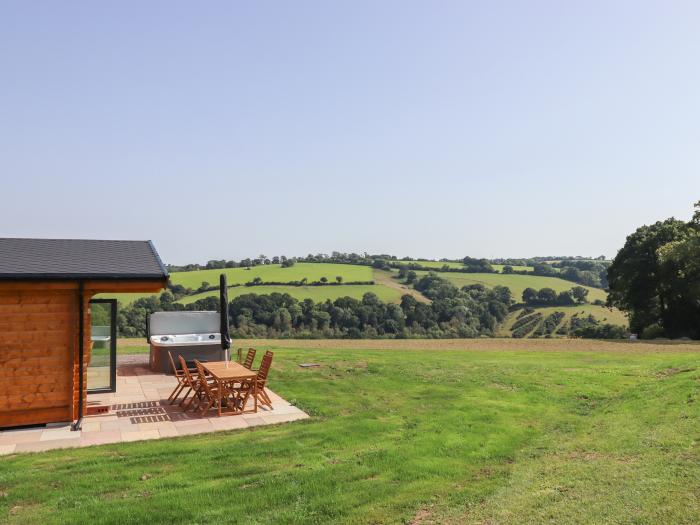 Foxglove Lodge in Hittisleigh, Devon. Detached lodge. Open-plan living space with woodburning stove.