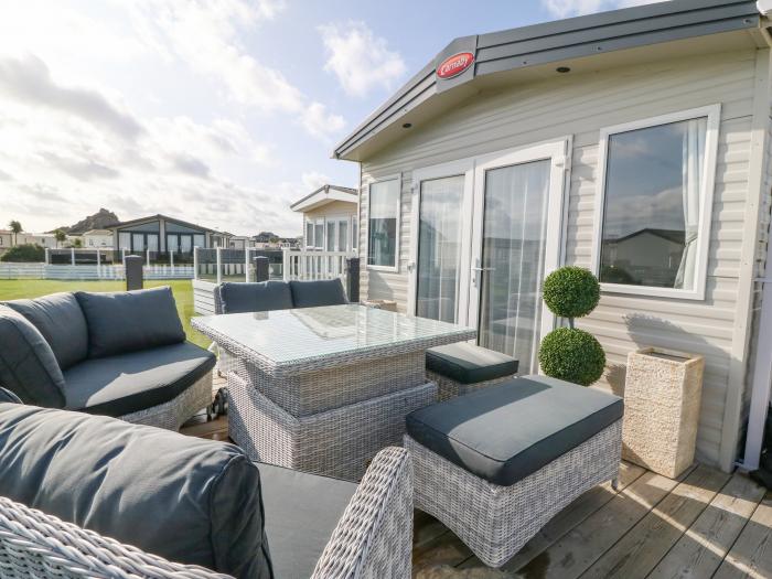 Seafront Holiday Home 1, Pwllheli. Three-bedroom lodge, enjoying sea views. Near amenities and beach