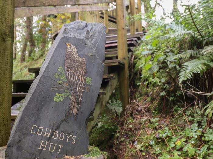 Cowboy is near Beguildy, Powys. Charming, wood-clad hut, ideal for families. Countryside views. Pets